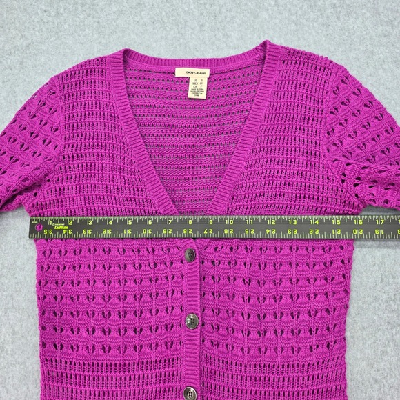 DKNY Jeans Women's Size S Magenta Crochet Knit Button Front Cardigan Sweater - Picture 6 of 10